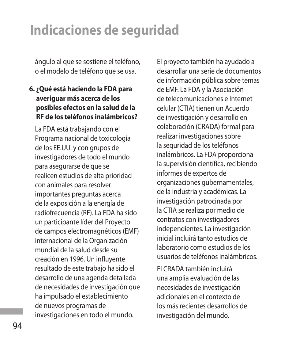 Indicaciones de seguridad | LG 600G User Manual | Page 190 / 204