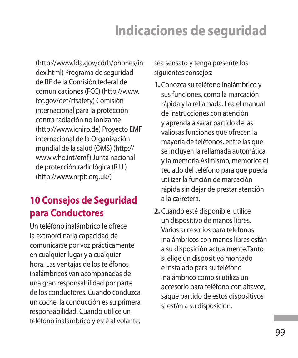 Indicaciones de seguridad, 10 consejos de seguridad para conductores | LG 600G User Manual | Page 195 / 204