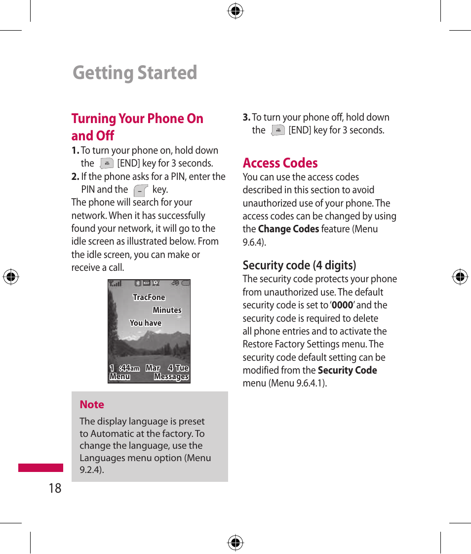 Getting started, Turning your phone on and off, Access codes | Security code (4 digits) | LG 600G User Manual | Page 20 / 204