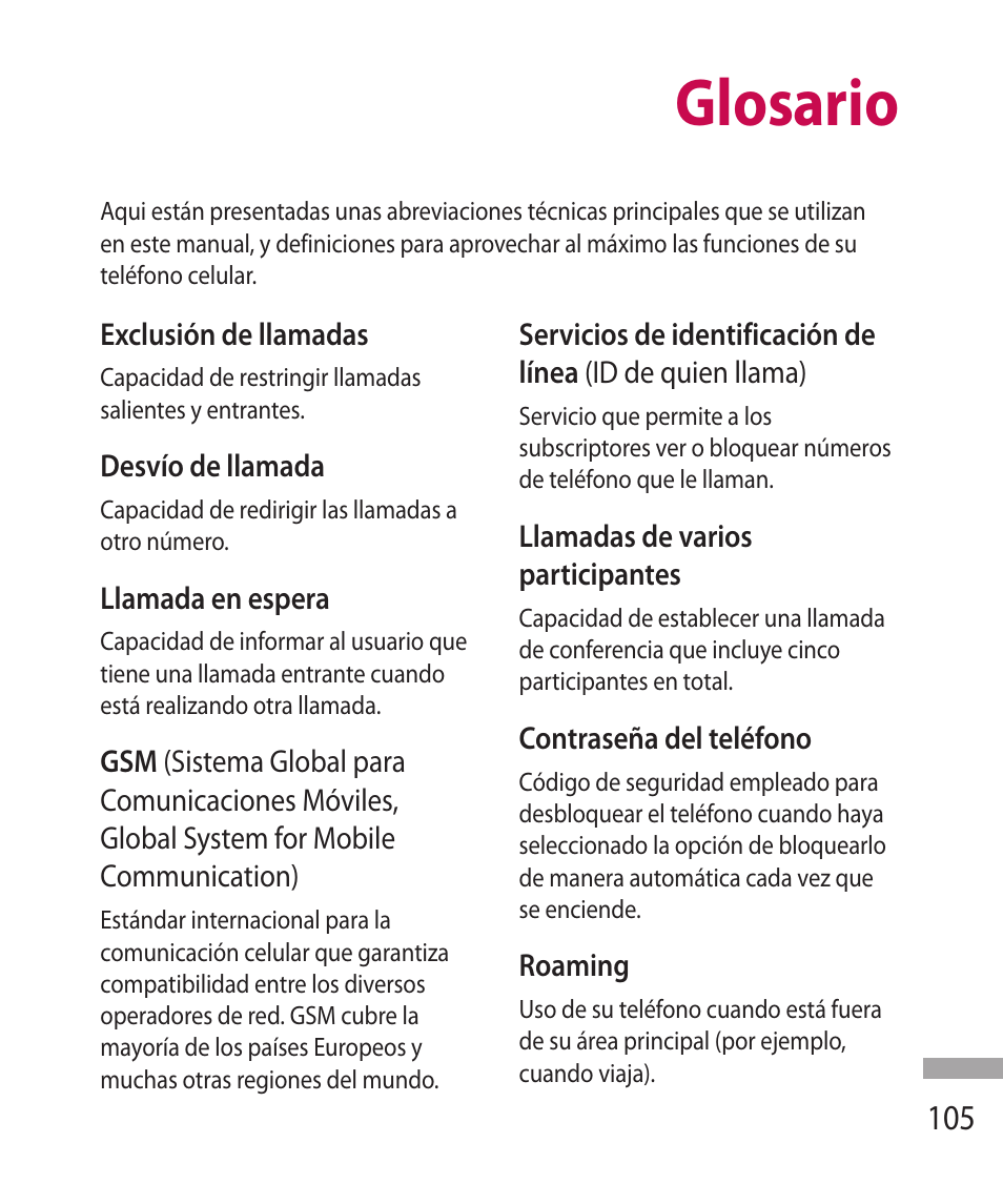 Glosario | LG 600G User Manual | Page 201 / 204