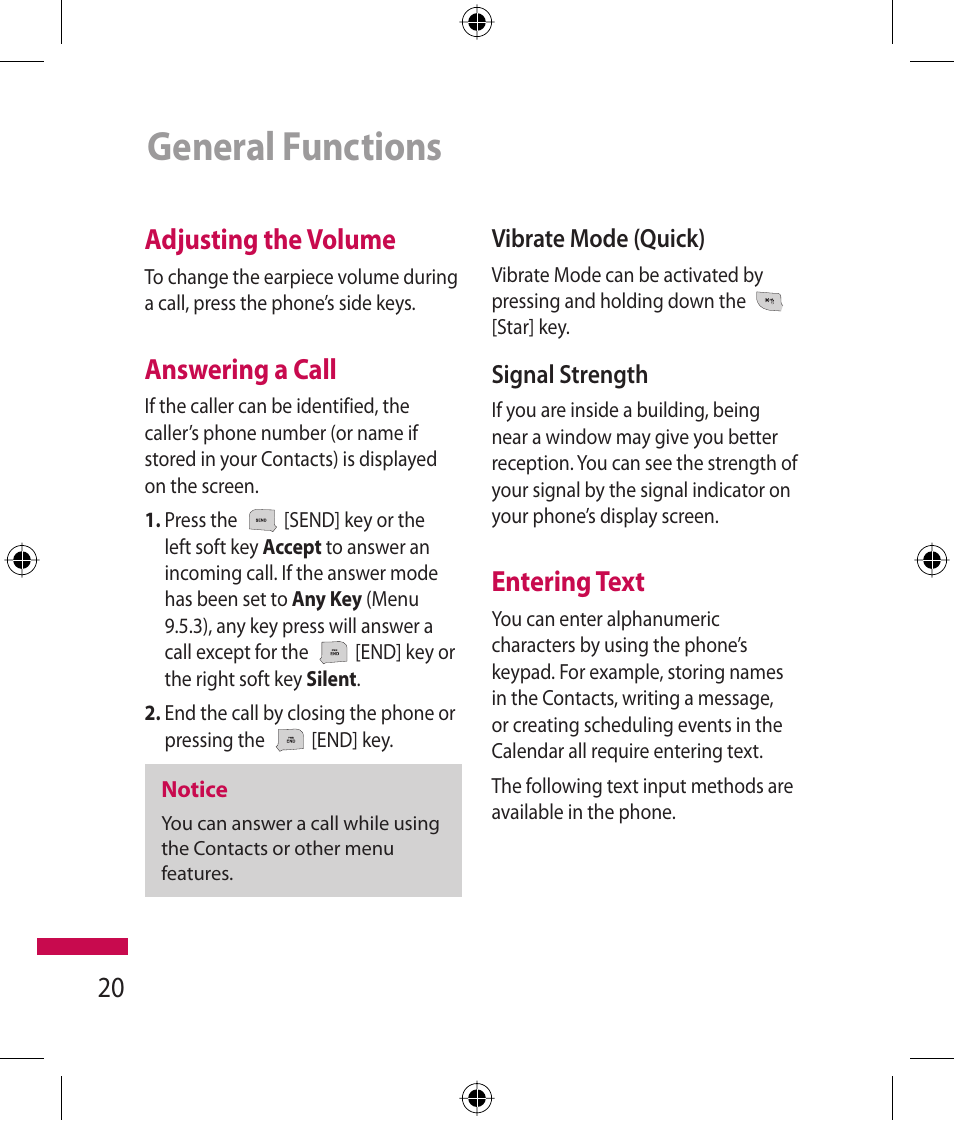 General functions, Adjusting the volume, Answering a call | Entering text | LG 600G User Manual | Page 22 / 204