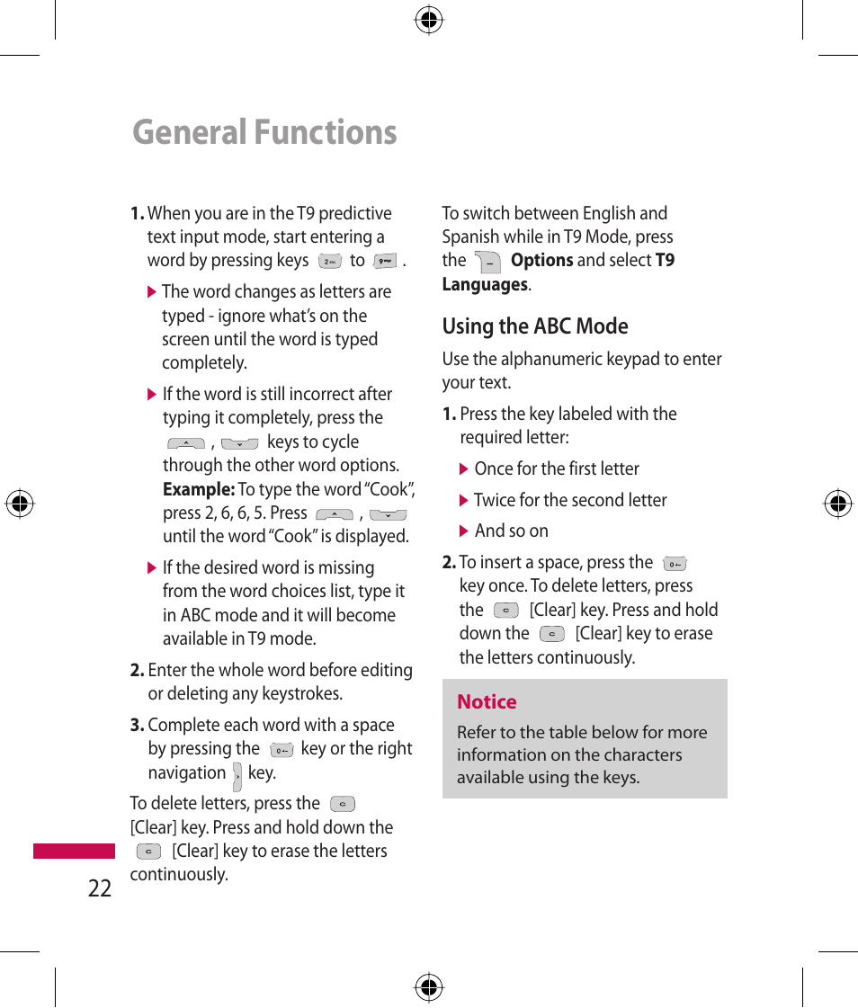 General functions, Using the abc mode | LG 600G User Manual | Page 24 / 204