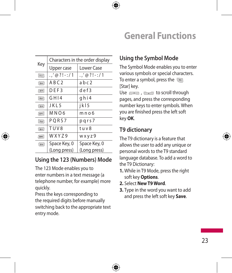 General functions, Using the 123 (numbers) mode, Using the symbol mode | T9 dictionary | LG 600G User Manual | Page 25 / 204