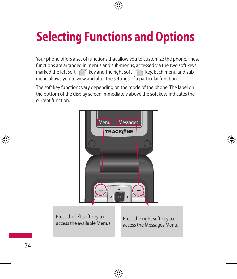 Selecting functions and options | LG 600G User Manual | Page 26 / 204