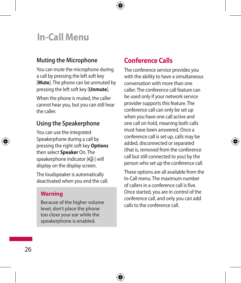 In-call menu, Conference calls | LG 600G User Manual | Page 28 / 204