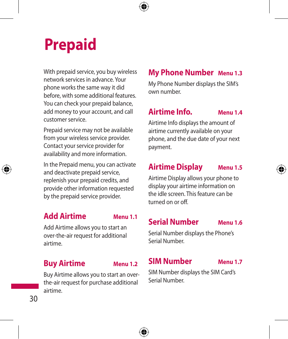 Prepaid, Add airtime, Buy airtime | My phone number, Airtime info, Airtime display, Serial number, Sim number | LG 600G User Manual | Page 32 / 204