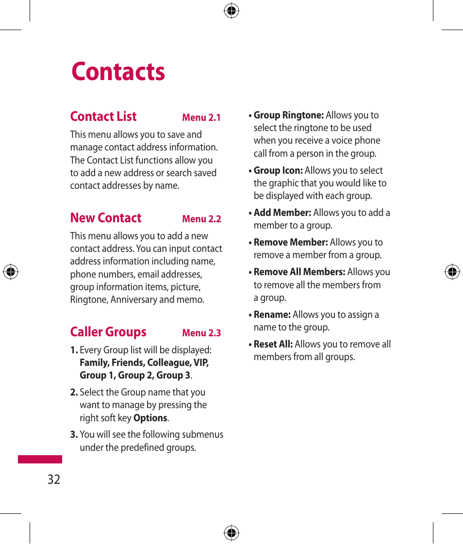 Contacts, Contact list, New contact | Caller groups | LG 600G User Manual | Page 34 / 204