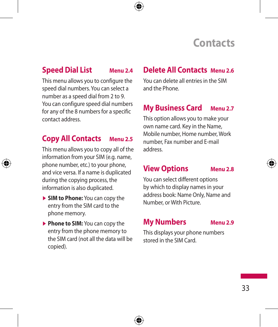 Contacts, Speed dial list, Copy all contacts | Delete all contacts, My business card, View options, My numbers | LG 600G User Manual | Page 35 / 204