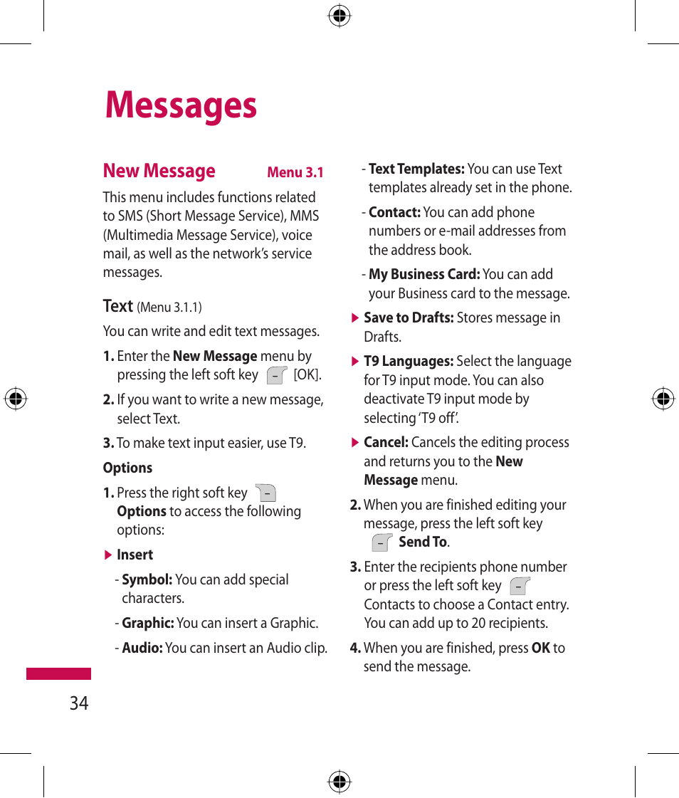 Messages, 34 new message, Text | LG 600G User Manual | Page 36 / 204