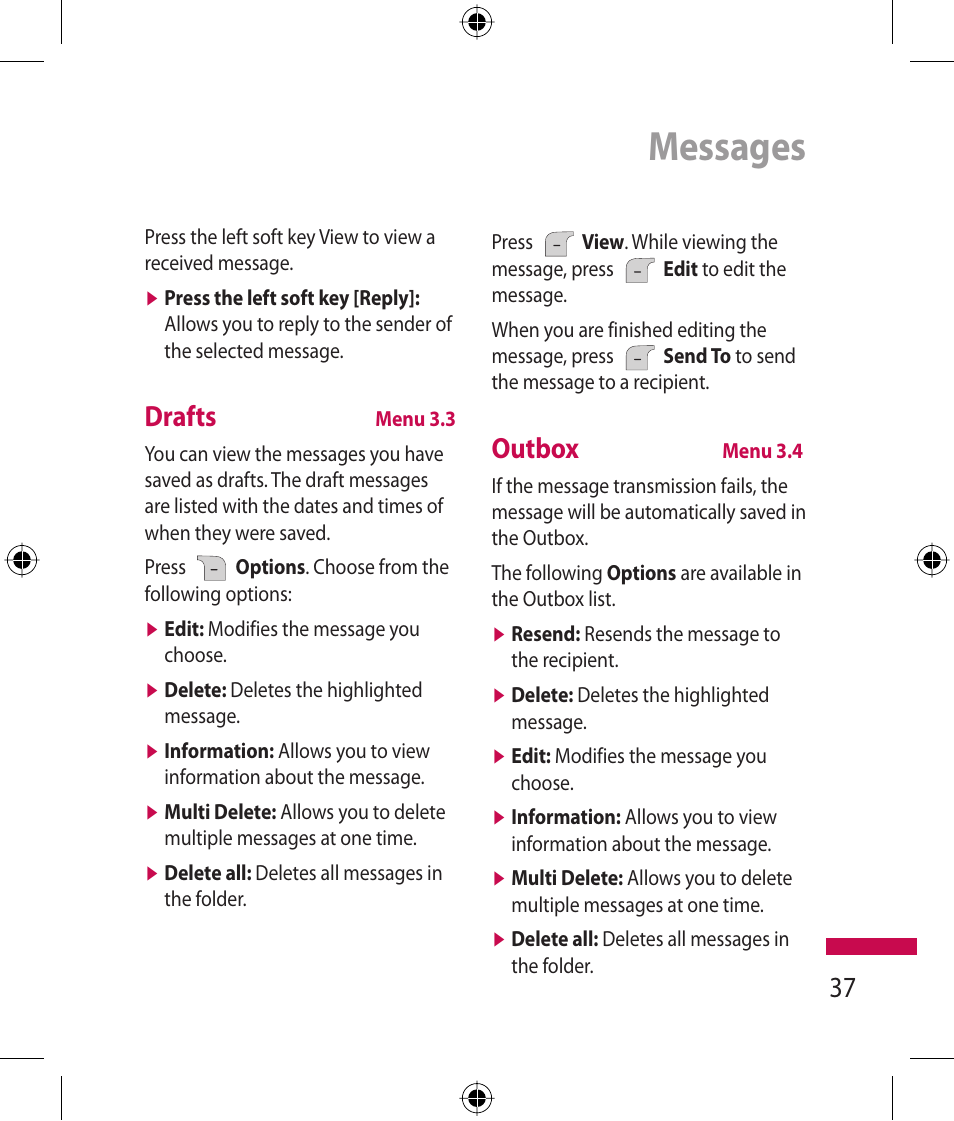 Messages, Drafts, Outbox | LG 600G User Manual | Page 39 / 204