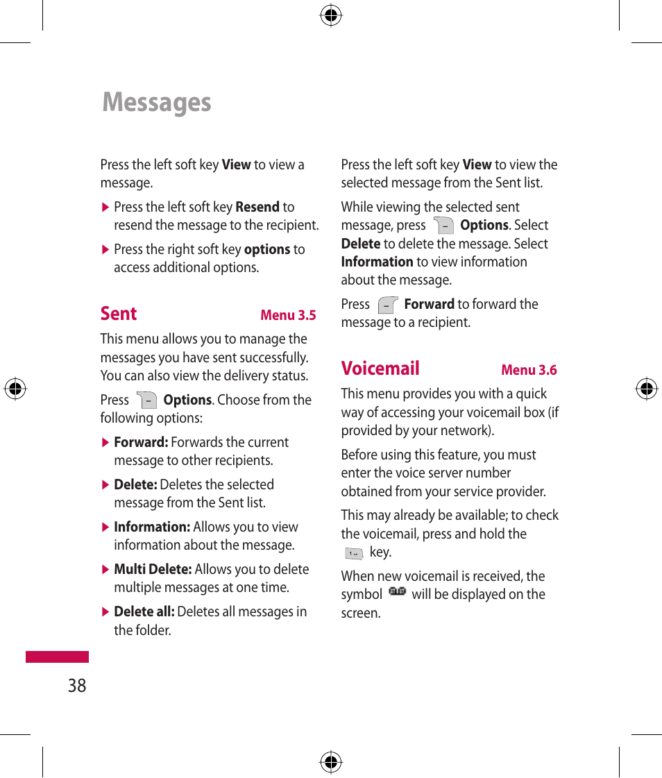 Messages, Sent, Voicemail | LG 600G User Manual | Page 40 / 204