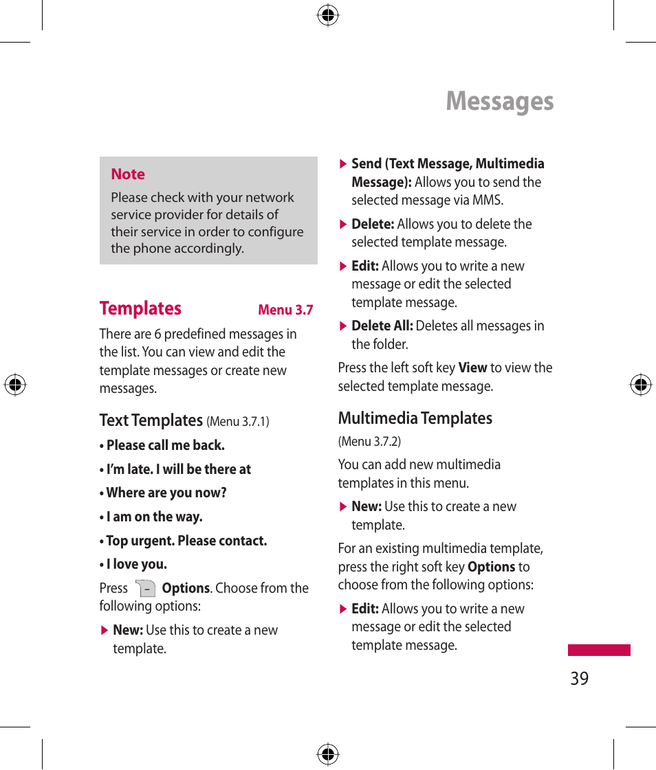 Messages, Templates, Text templates | Multimedia templates | LG 600G User Manual | Page 41 / 204