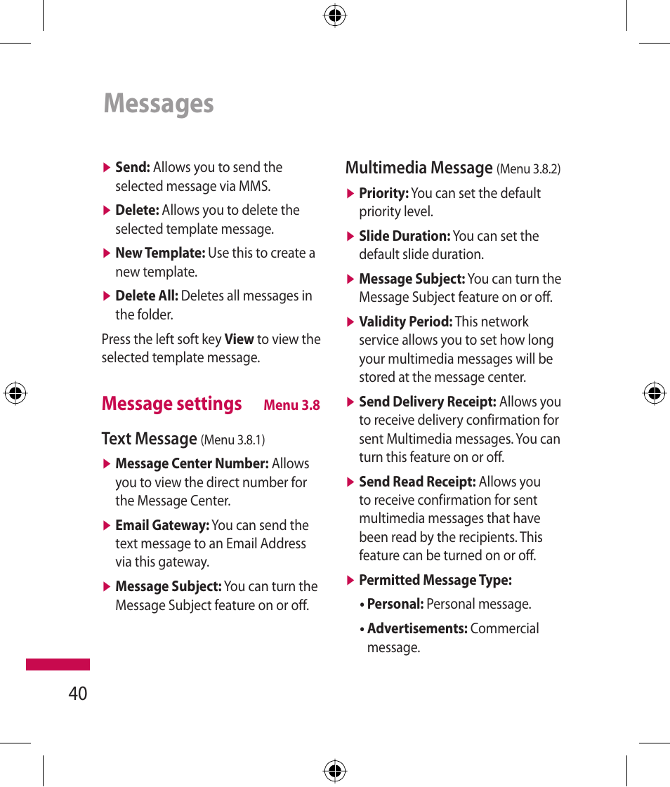 Messages, Message settings, Text message | Multimedia message | LG 600G User Manual | Page 42 / 204