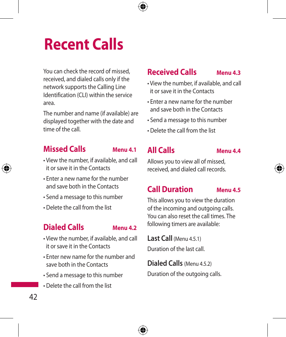 Recent calls, Missed calls, Dialed calls | Received calls, All calls, Call duration | LG 600G User Manual | Page 44 / 204