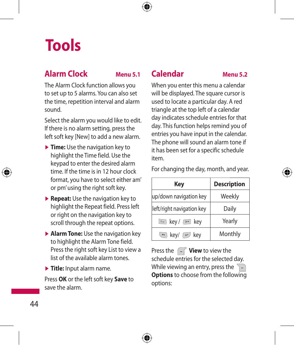 Tools, Alarm clock, Calendar | LG 600G User Manual | Page 46 / 204