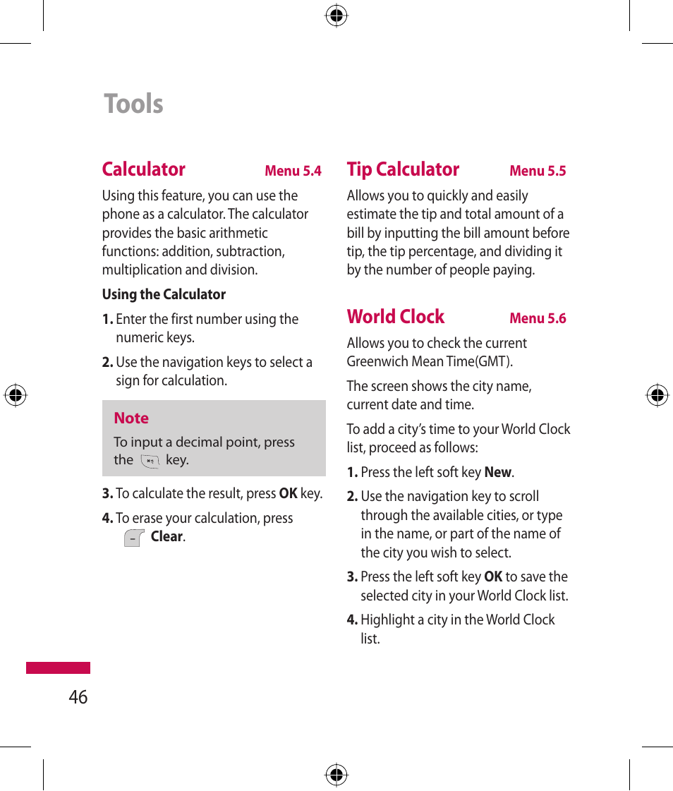 Tools, Calculator, Tip calculator | World clock | LG 600G User Manual | Page 48 / 204