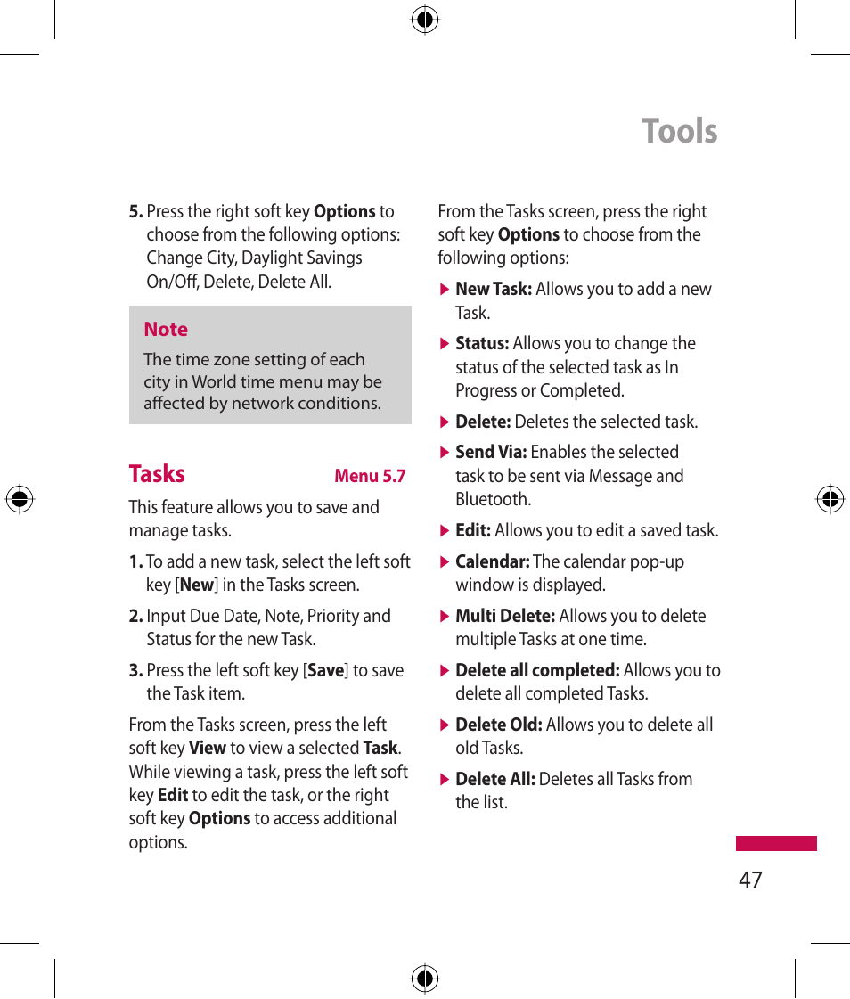 Tools, Tasks | LG 600G User Manual | Page 49 / 204