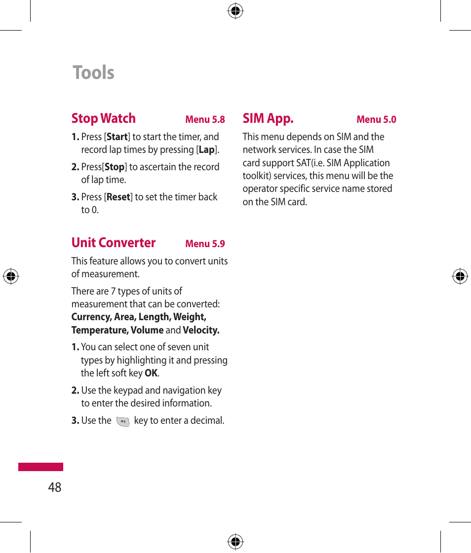 Tools, 48 stop watch, Unit converter | Sim app | LG 600G User Manual | Page 50 / 204