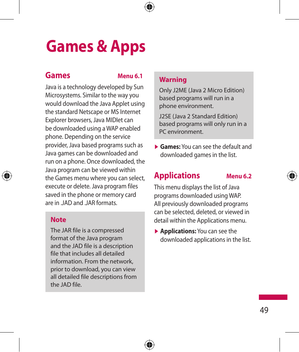 Games & apps, Games, Applications | LG 600G User Manual | Page 51 / 204