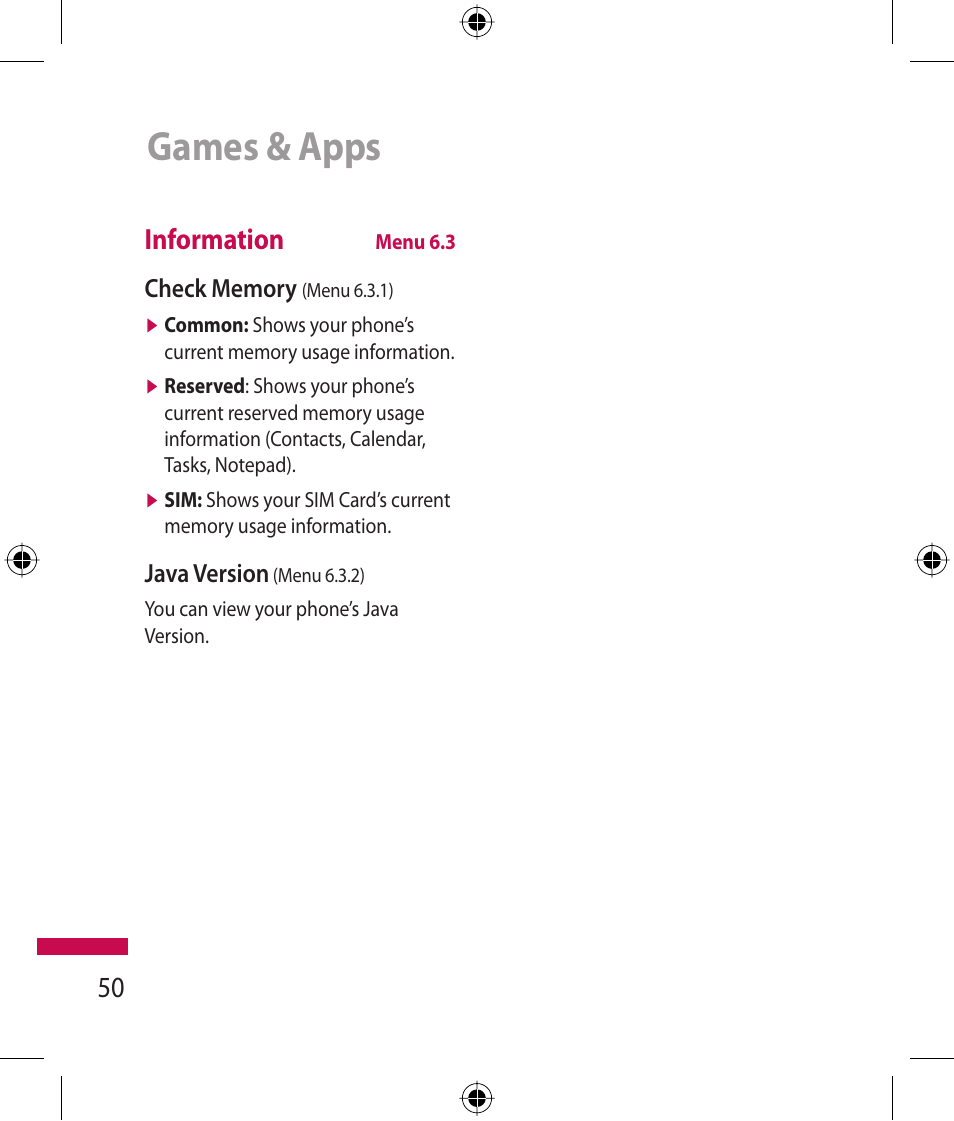 Games & apps, Information | LG 600G User Manual | Page 52 / 204