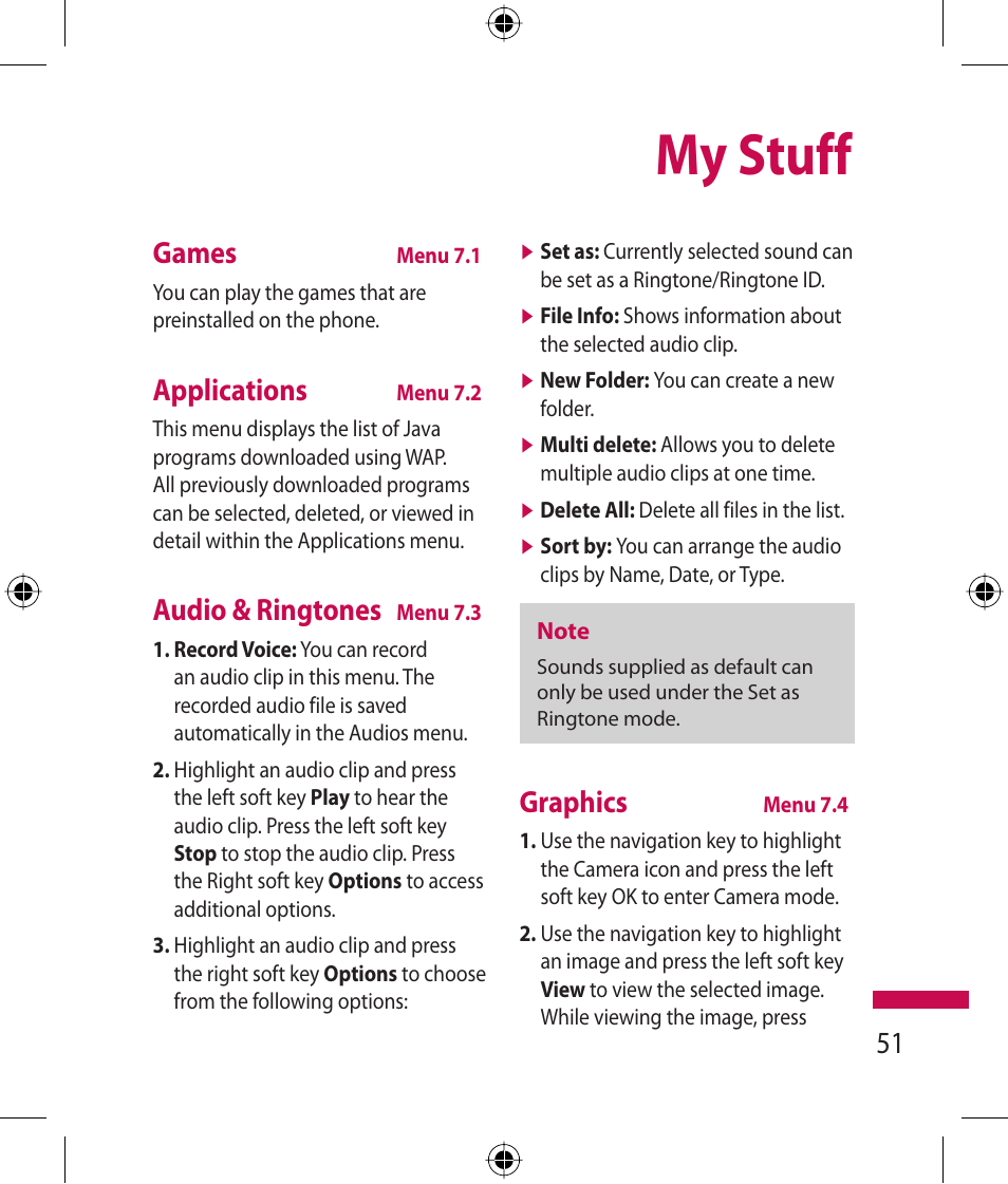 My stuff, Games, Applications | Audio & ringtones, Graphics | LG 600G User Manual | Page 53 / 204