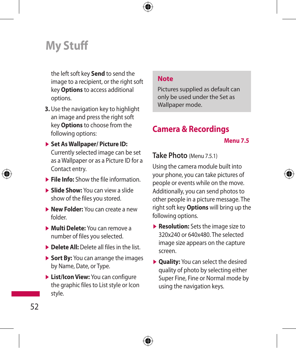 My stuff, Camera & recordings, Take photo | LG 600G User Manual | Page 54 / 204