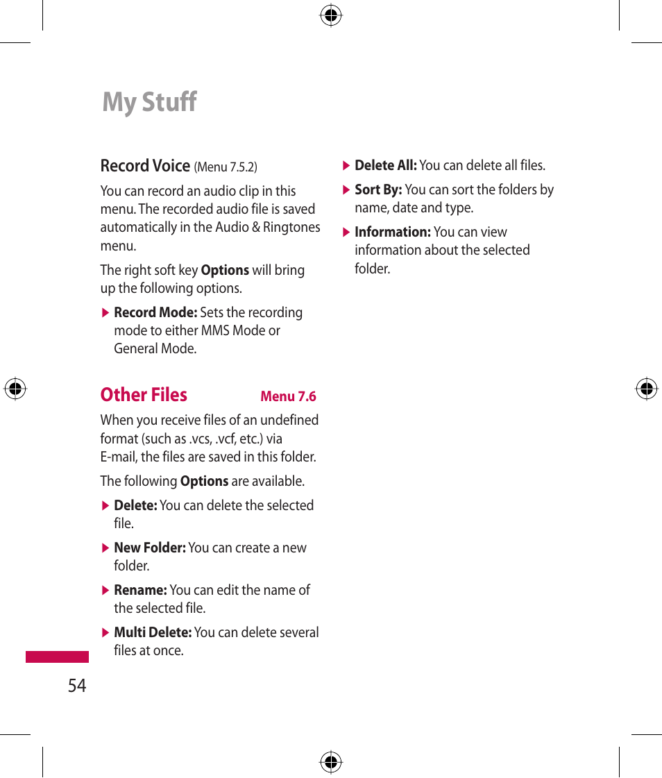 My stuff, Other files, Record voice | LG 600G User Manual | Page 56 / 204