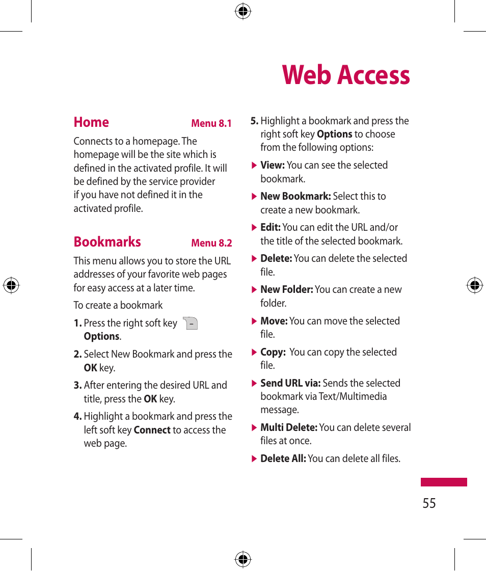 Web access, Home, Bookmarks | LG 600G User Manual | Page 57 / 204