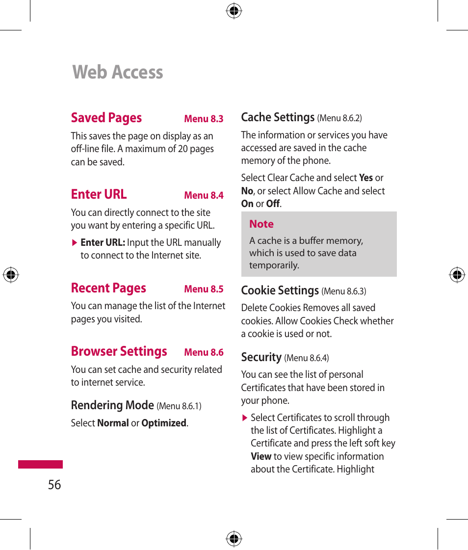 Web access, Saved pages, Enter url | Recent pages, Browser settings | LG 600G User Manual | Page 58 / 204