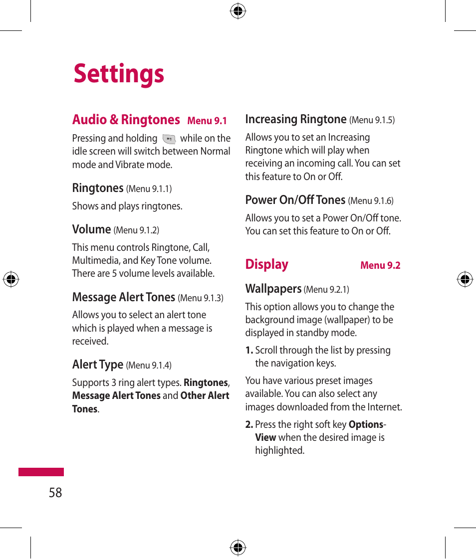 Settings, Audio & ringtones, Display | LG 600G User Manual | Page 60 / 204