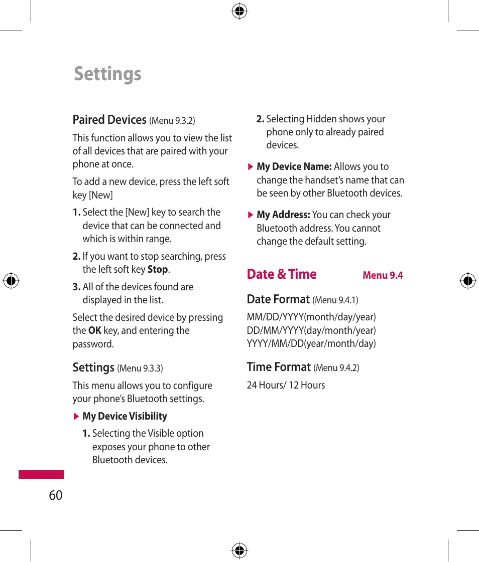 Settings, Date & time, Paired devices | Date format, Time format | LG 600G User Manual | Page 62 / 204