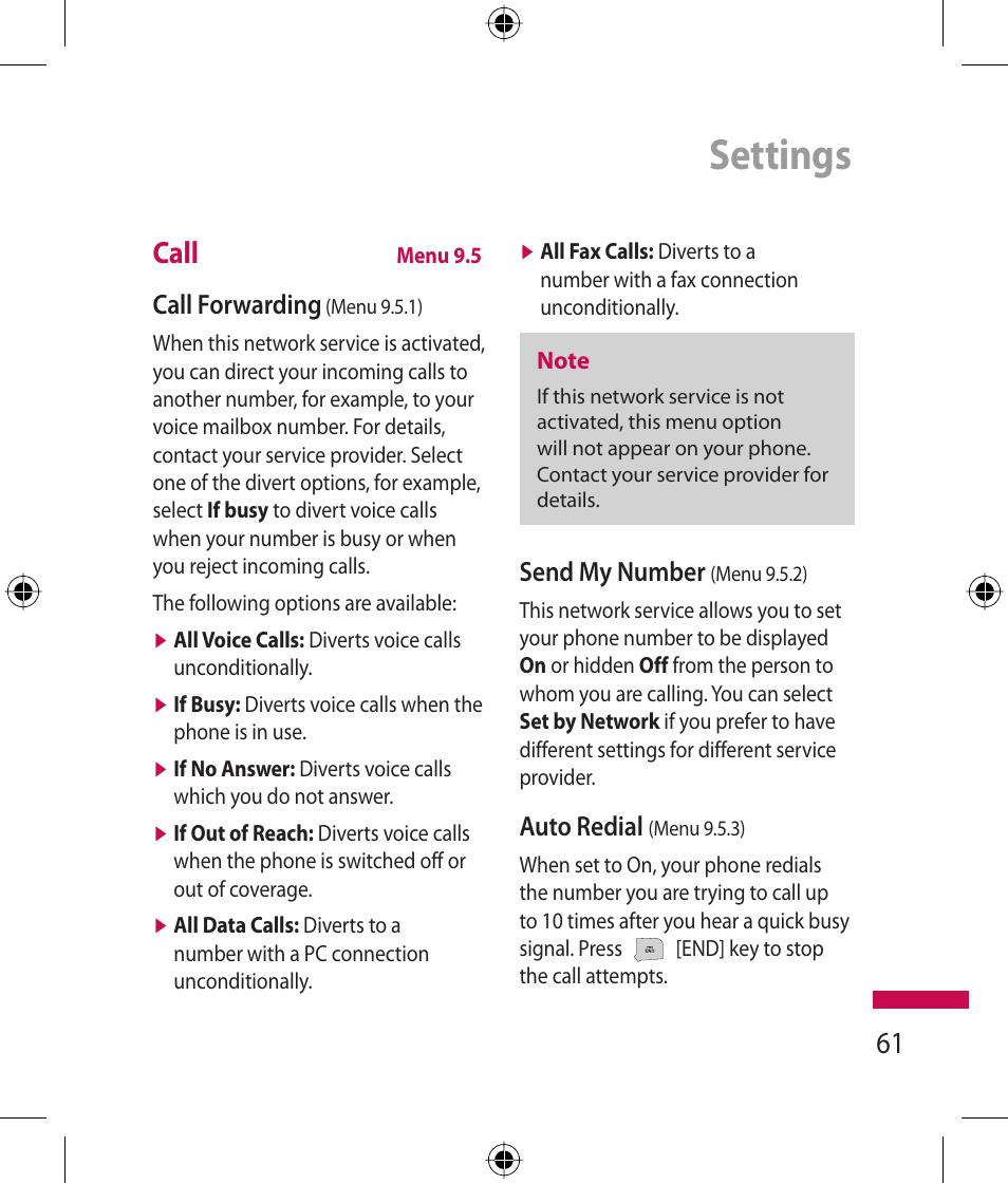 Settings, Call, Call forwarding | Send my number, Auto redial | LG 600G User Manual | Page 63 / 204