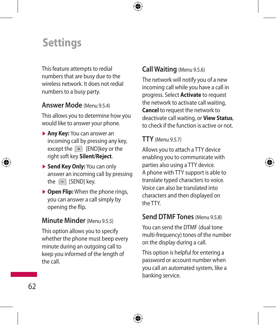 Settings, Answer mode, Minute minder | Call waiting, Send dtmf tones | LG 600G User Manual | Page 64 / 204