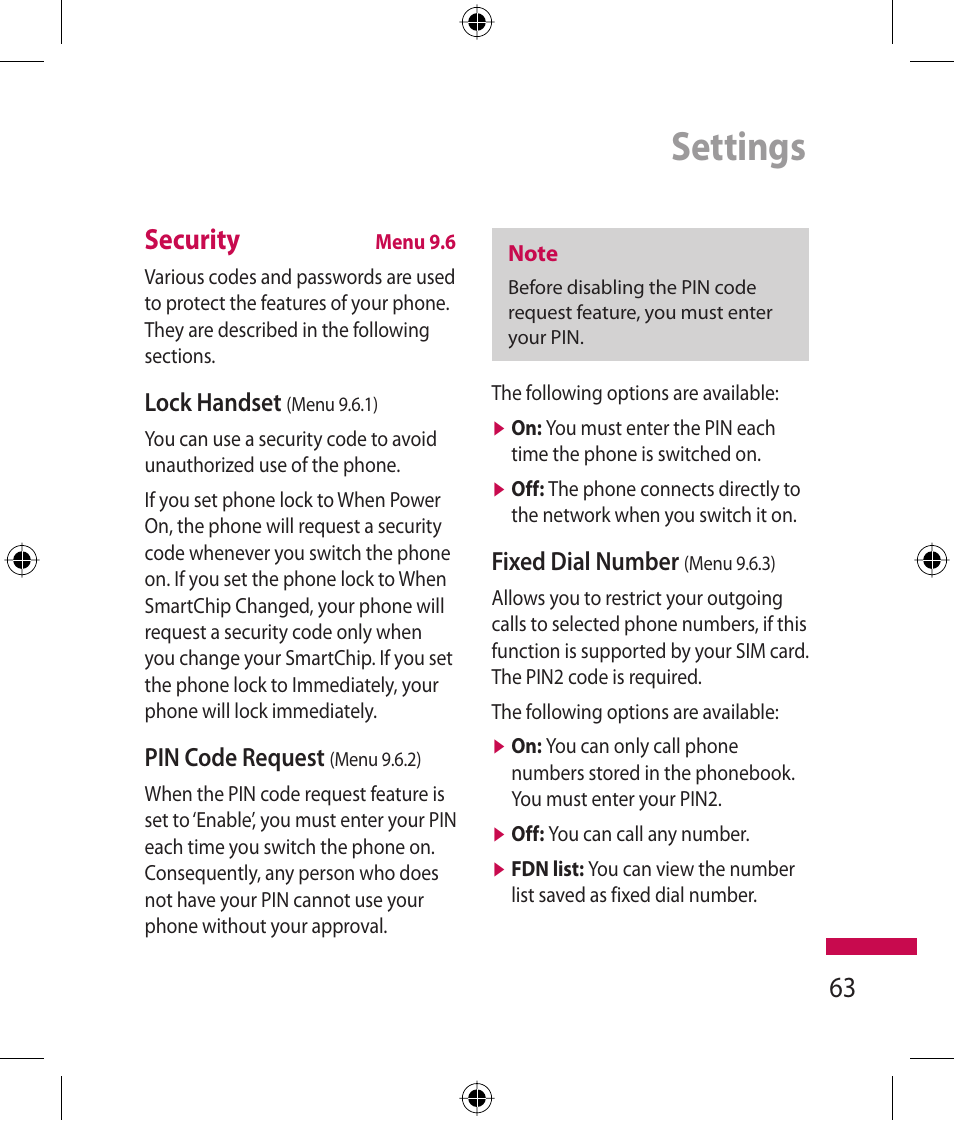 Settings, Security, Lock handset | Pin code request, Fixed dial number | LG 600G User Manual | Page 65 / 204