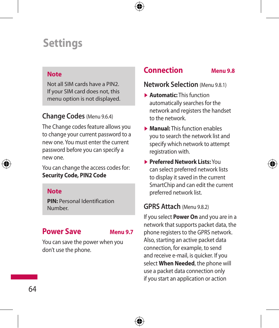 Settings, Power save, Connection | LG 600G User Manual | Page 66 / 204