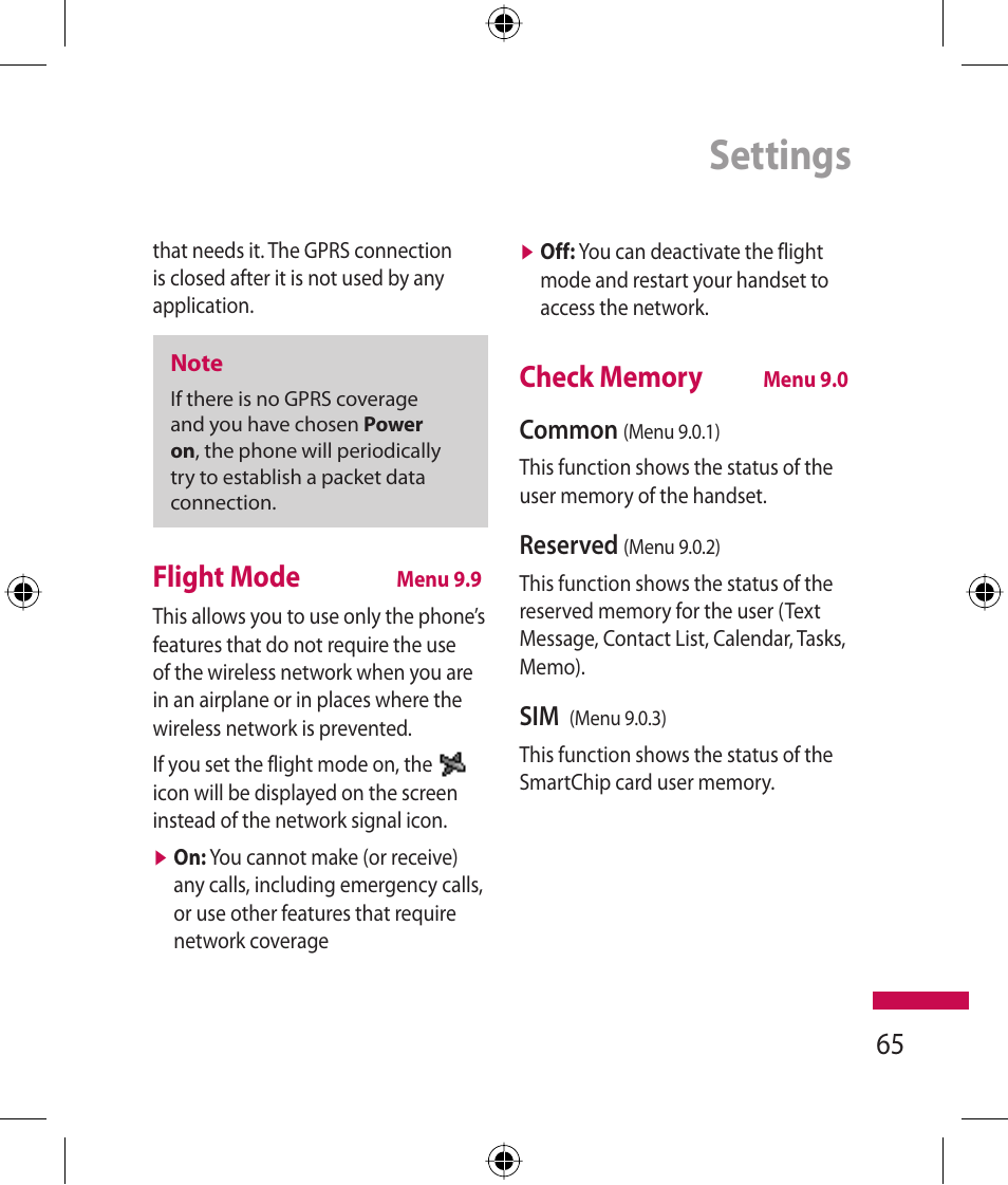 Settings, Flight mode | LG 600G User Manual | Page 67 / 204