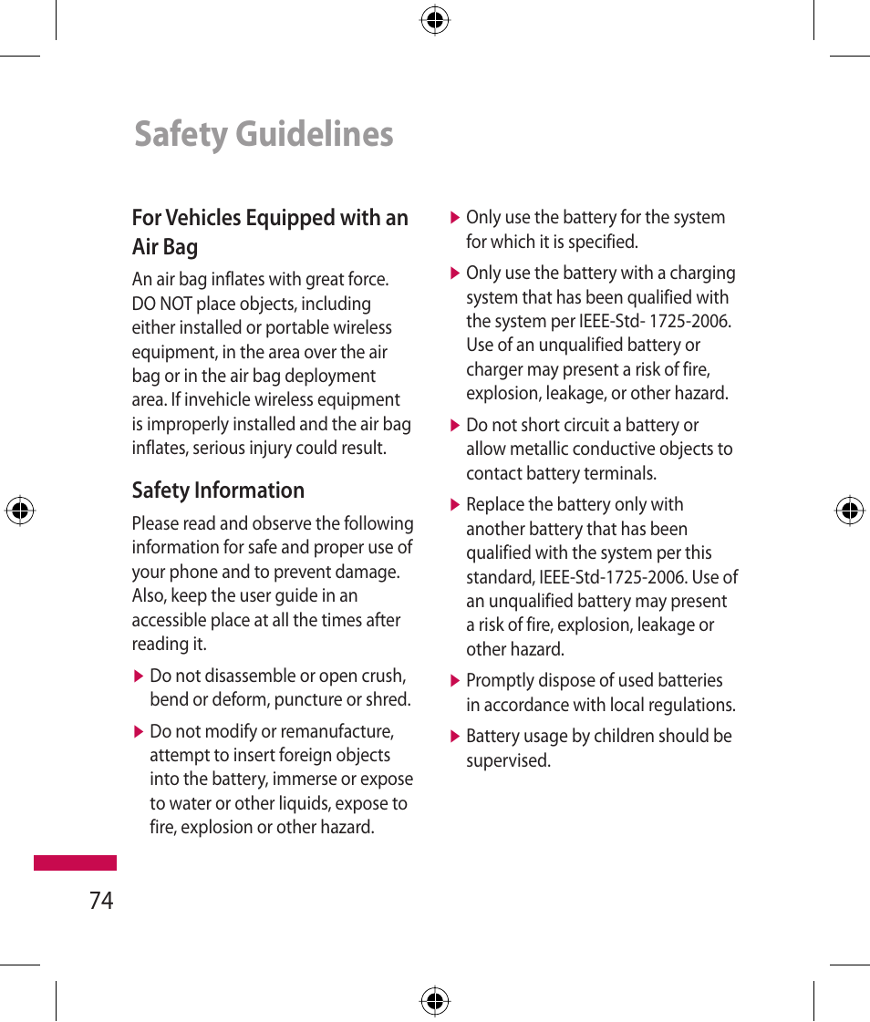 Safety guidelines, For vehicles equipped with an air bag, Safety information | LG 600G User Manual | Page 76 / 204