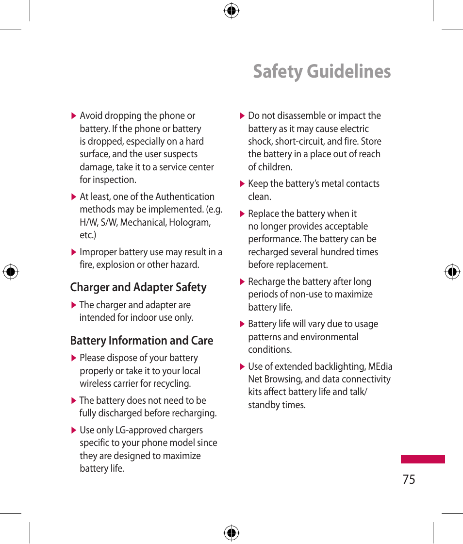 Safety guidelines, Charger and adapter safety, Battery information and care | LG 600G User Manual | Page 77 / 204