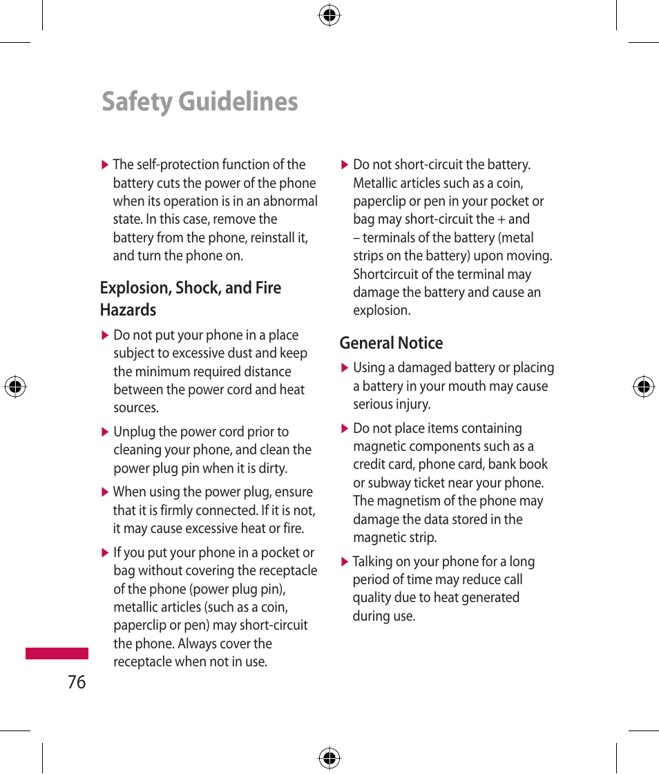 Safety guidelines, Explosion, shock, and fire hazards, General notice | LG 600G User Manual | Page 78 / 204