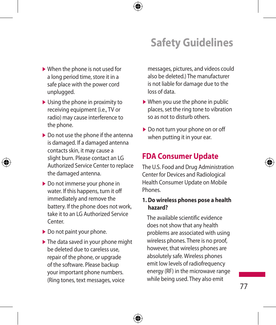 Safety guidelines, Fda consumer update | LG 600G User Manual | Page 79 / 204