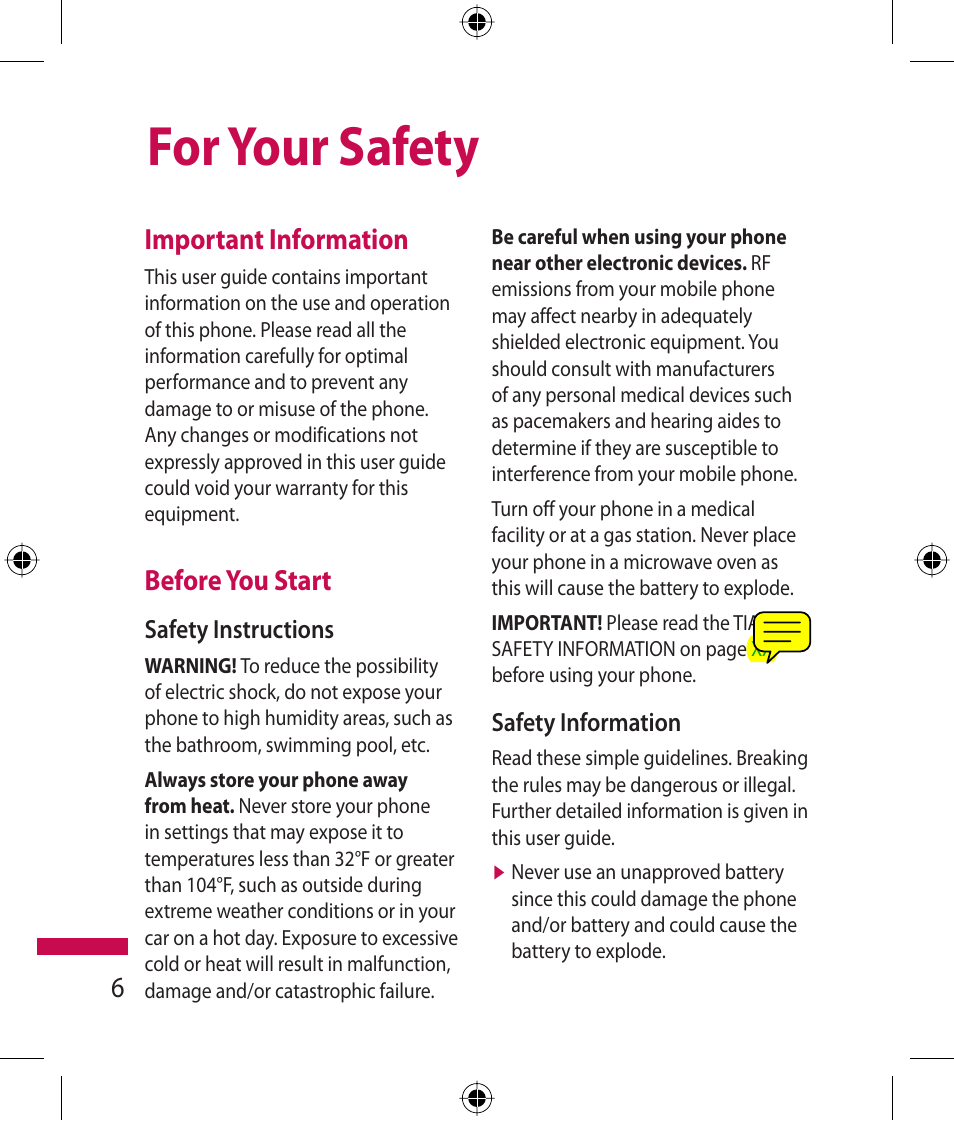 For your safety, Important information, Before you start | LG 600G User Manual | Page 8 / 204