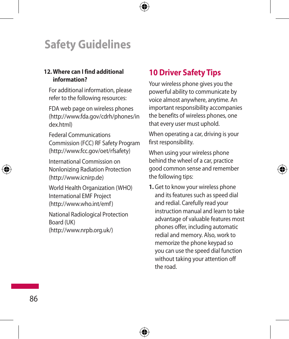 Safety guidelines, 10 driver safety tips | LG 600G User Manual | Page 88 / 204