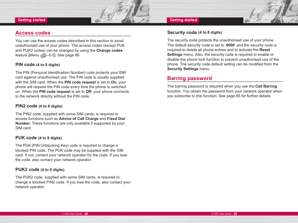 Access codes, Barring password | LG C1200 User Manual | Page 13 / 49