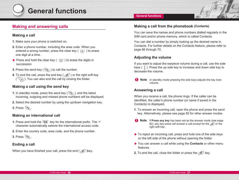 General functions, Making and answering calls | LG C1200 User Manual | Page 14 / 49