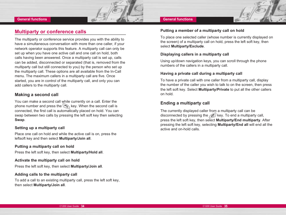 Multiparty or conference calls | LG C1200 User Manual | Page 18 / 49