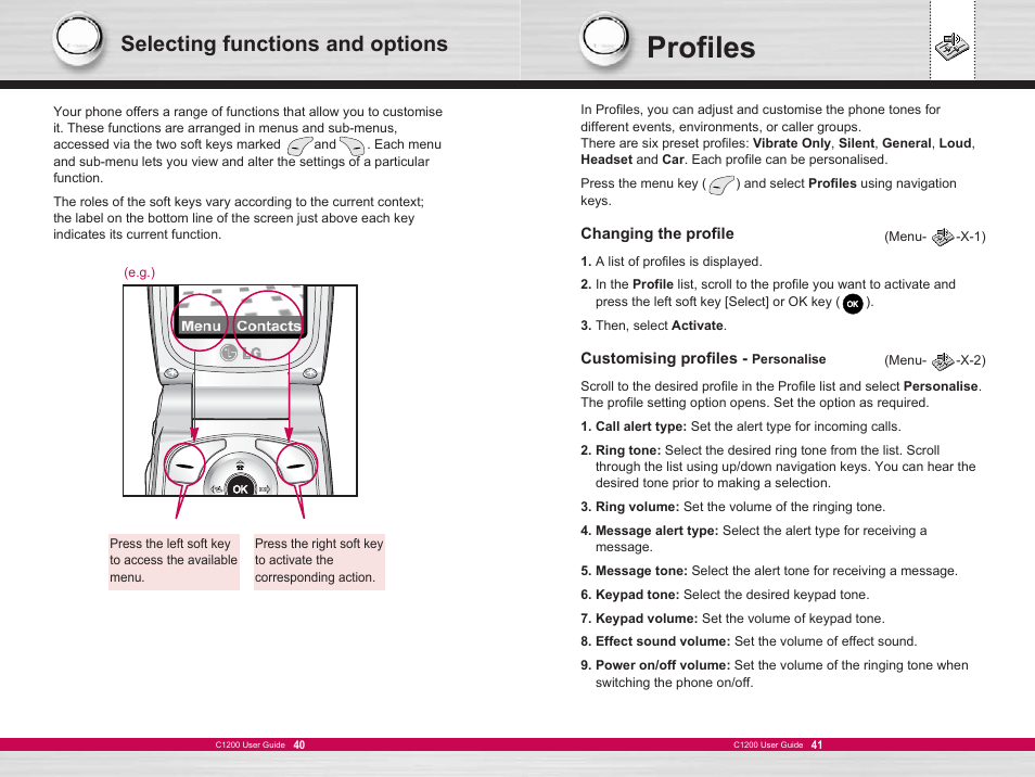 Profiles, Selecting functions and options | LG C1200 User Manual | Page 21 / 49