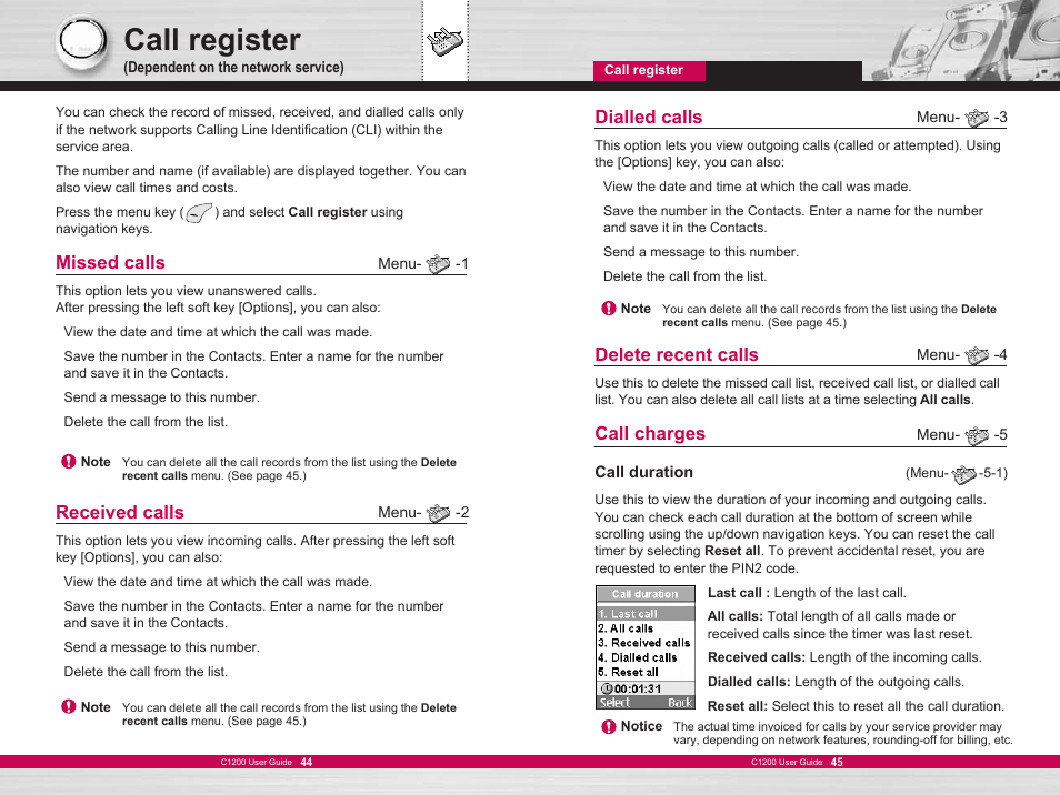 Call register, Missed calls, Received calls | Dialled calls, Delete recent calls, Call charges | LG C1200 User Manual | Page 23 / 49