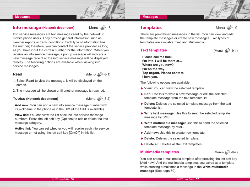 Info message, Templates | LG C1200 User Manual | Page 29 / 49