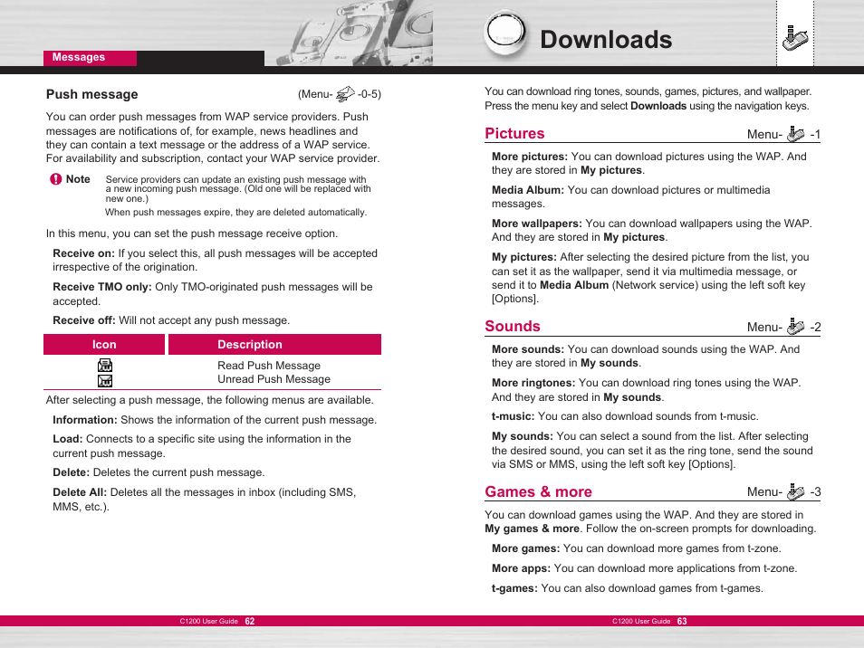 Downloads, Pictures, Sounds | Games & more | LG C1200 User Manual | Page 32 / 49