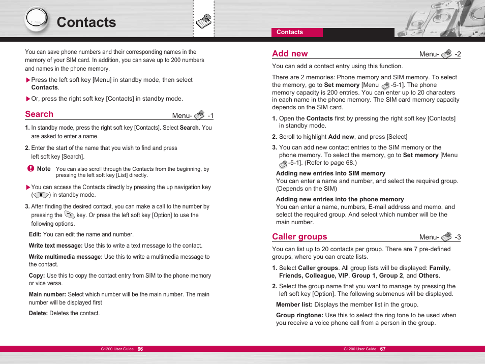 Contacts, Search, Caller groups | Add new | LG C1200 User Manual | Page 34 / 49